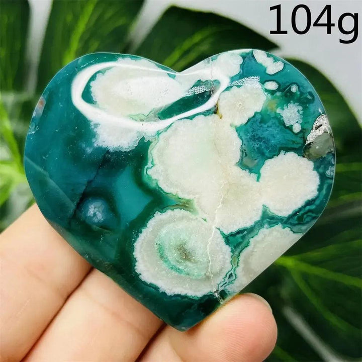 Green Agate Crystal Heart, 104g, with unique white flower-like patterns, promoting growth and emotional balance.