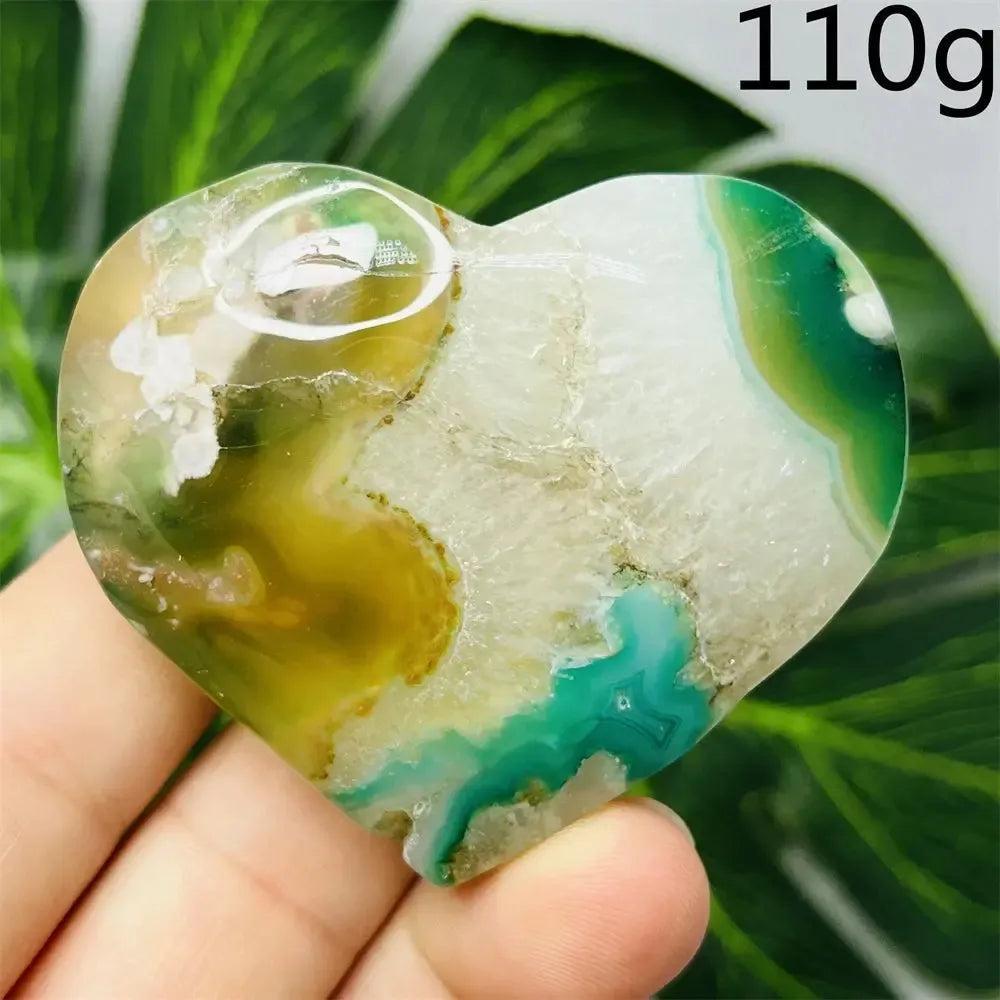 Green Agate Crystal Heart, 110g, with natural green banding and translucent beauty, promoting emotional balance.