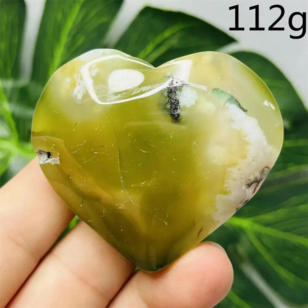 Green Agate Crystal Heart, hand-carved with natural green banding and translucent beauty, promoting emotional balance.