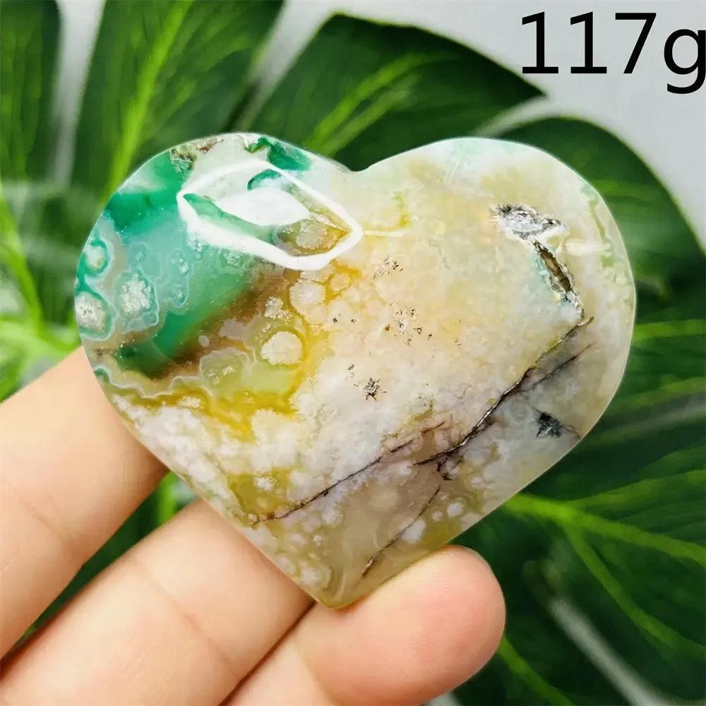 Green Agate Crystal Heart, 117g, with intricate flower design, natural green banding, and soothing energy.