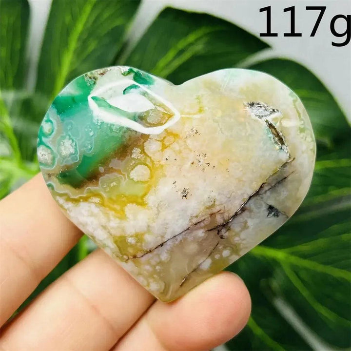 Green Agate Crystal Heart, 117g, with intricate flower design, natural green banding, and soothing energy.
