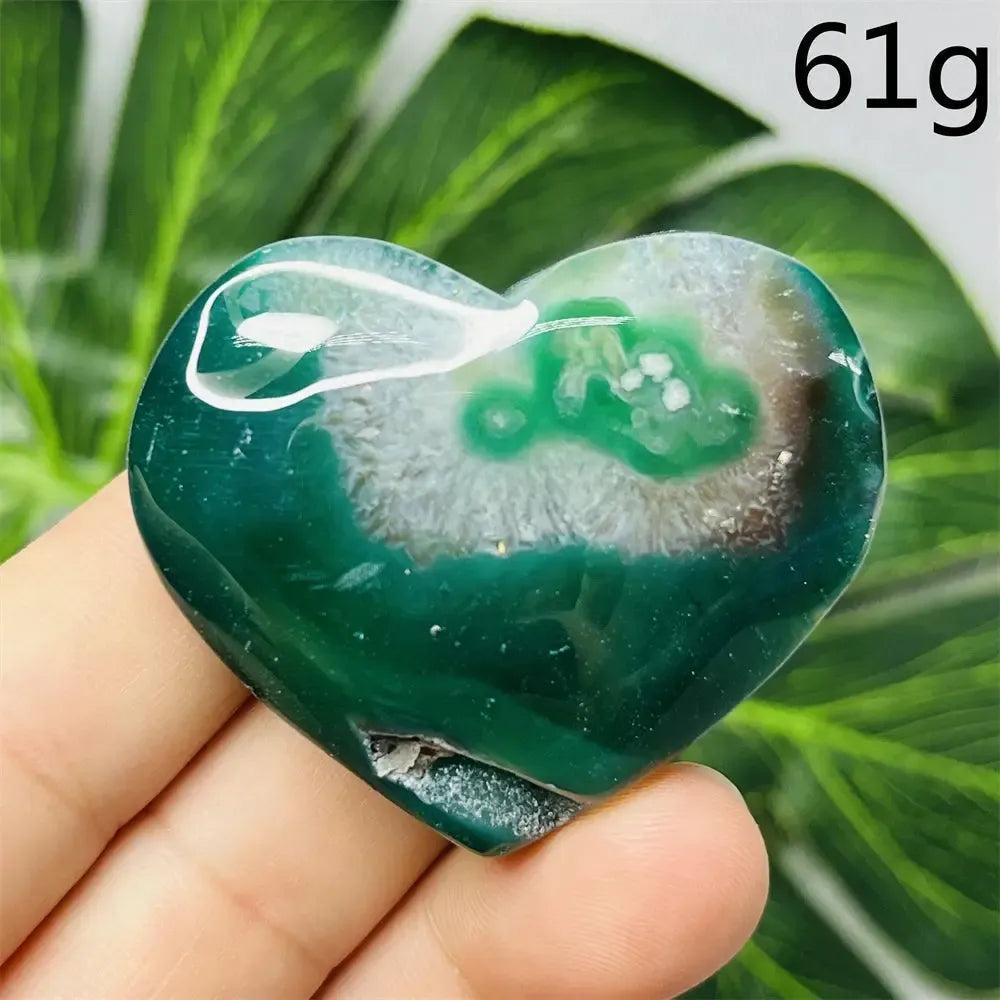 Hand-carved Green Agate Crystal Heart, 61g, with natural green banding and translucent beauty for emotional balance.