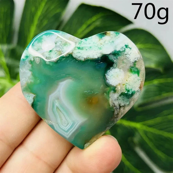 Green Agate Crystal Heart, 70g, with natural green banding and translucent beauty, promoting growth and emotional balance.