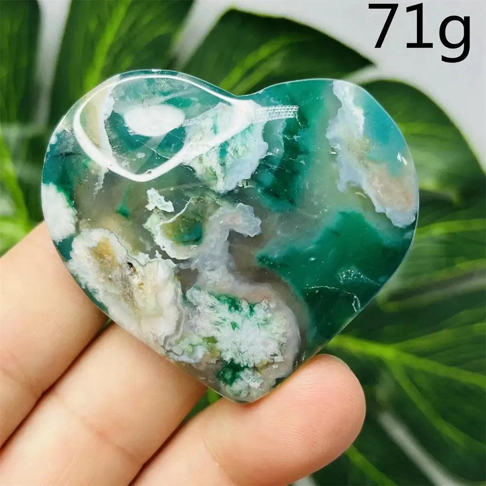 Green Agate Crystal Heart, 71g, with intricate flower design, natural green banding, and translucent beauty.