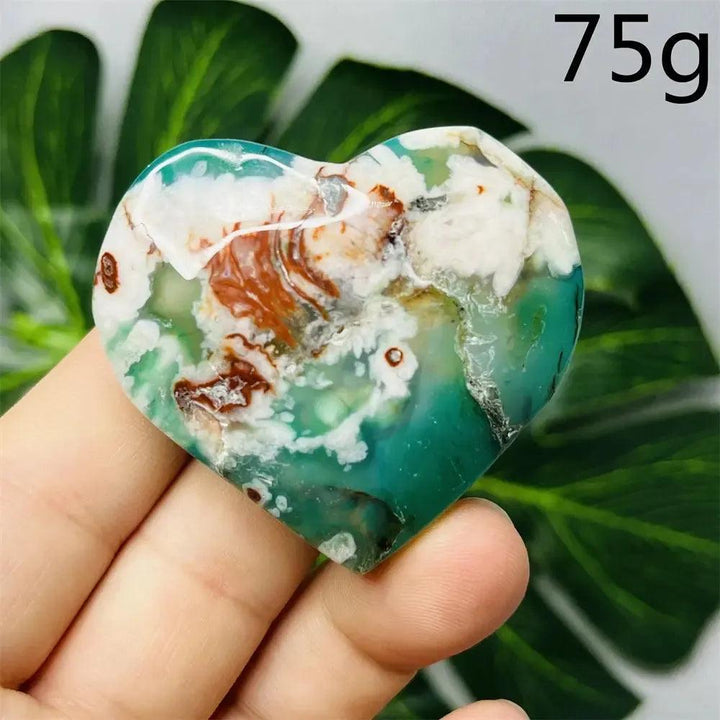 Hand-carved Green Agate Crystal Heart, 75g, with unique green, white, and brown banding for emotional balance.