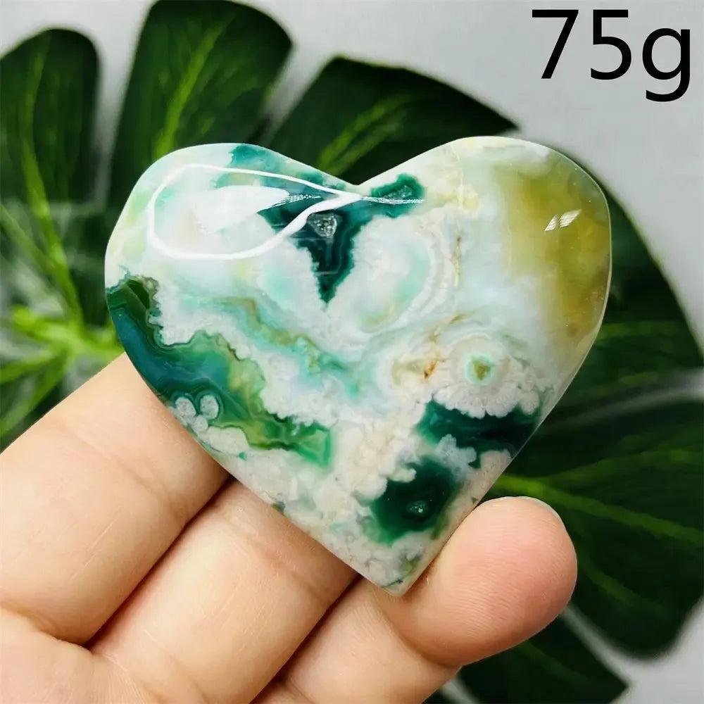 Green Agate Crystal Heart, hand-carved with unique green and white banding, promoting growth and emotional balance.