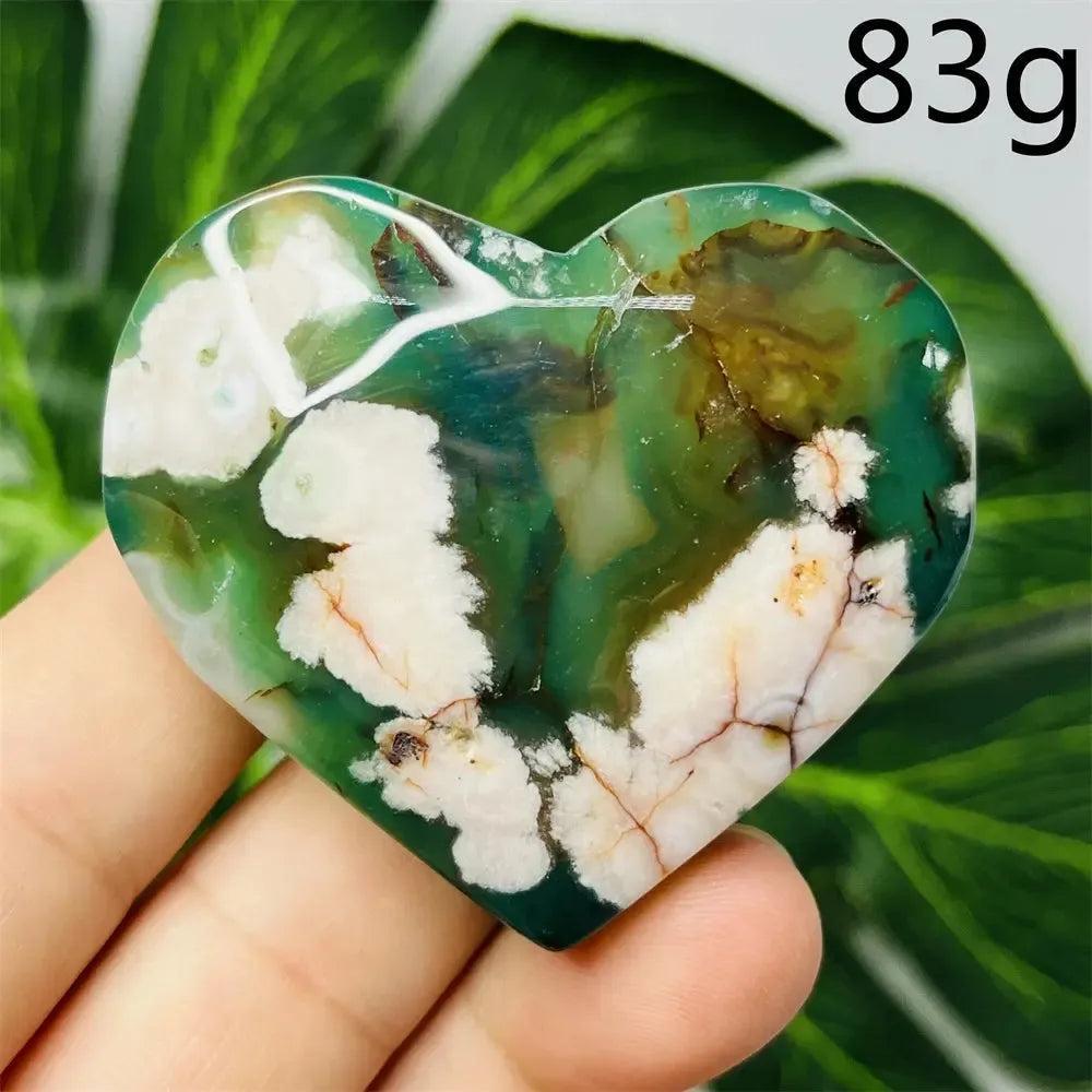 Green Agate Crystal Heart, 83g, with natural green banding and white flower-like inclusions, promoting emotional balance.