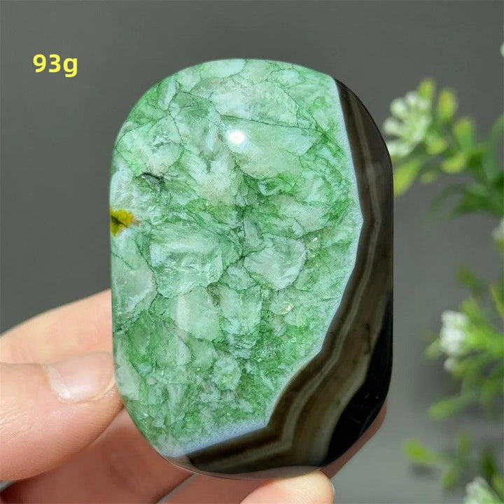93g polished natural green agate palm stone with vibrant crystalline patterns, perfect for reiki and spiritual healing.