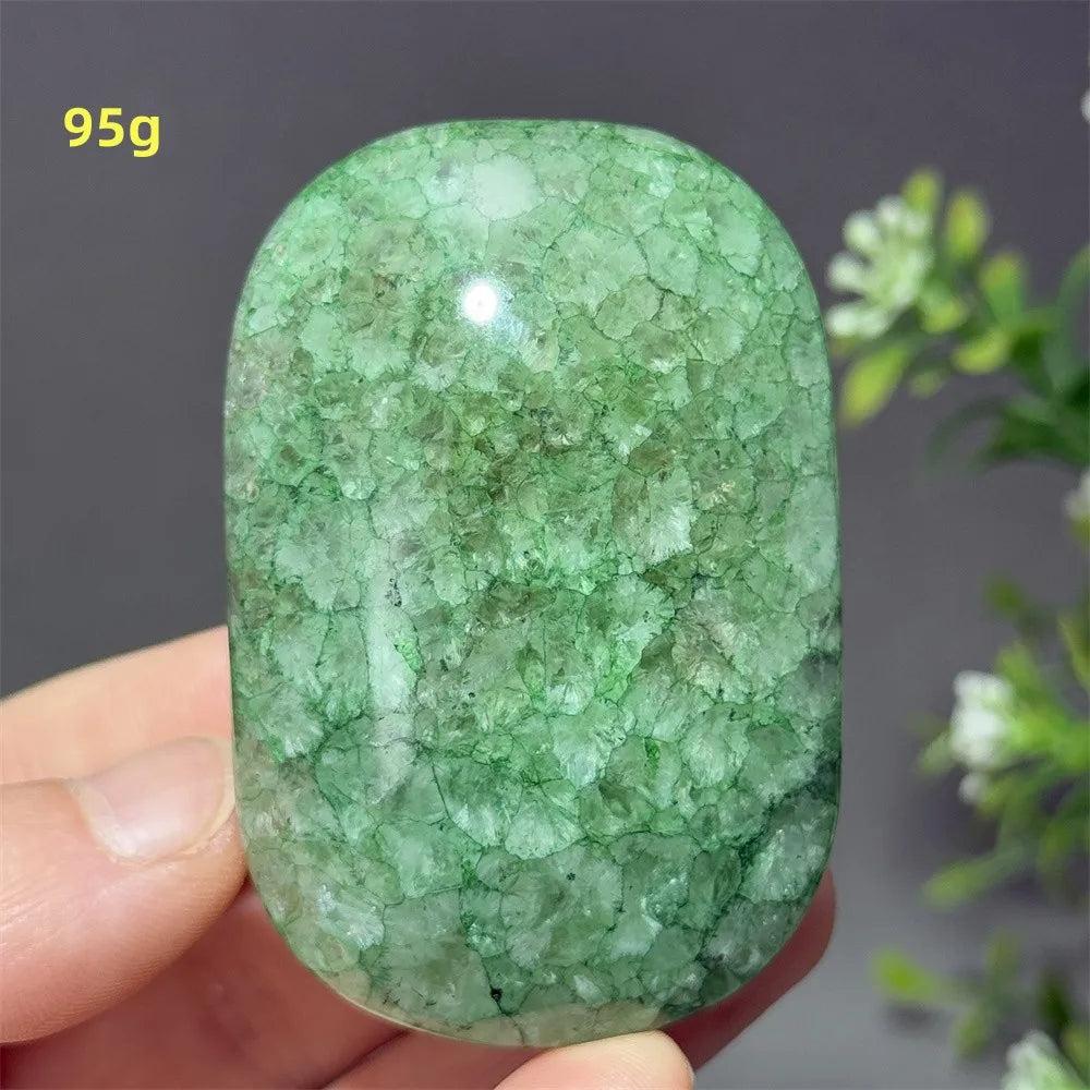 Polished 95g natural green agate palm stone, perfect for healing, meditation, and spiritual energy balancing.