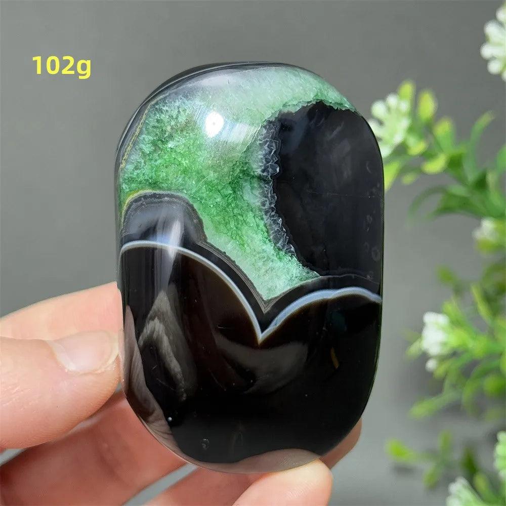 102g natural green agate palm stone with deep black banding and sparkling crystal druzy for meditation and healing.