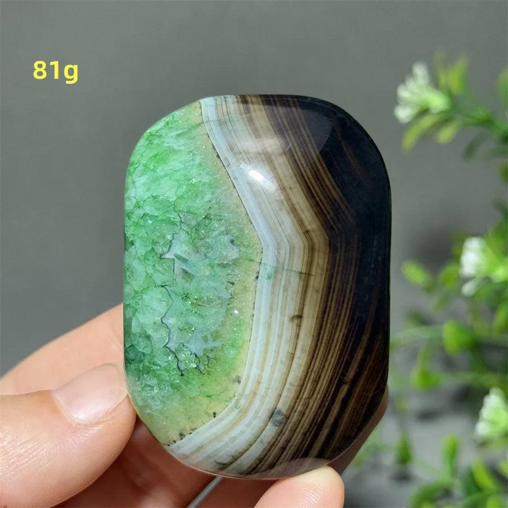 81g natural green agate palm stone with unique banded patterns, perfect for reiki healing, meditation, and home decor.
