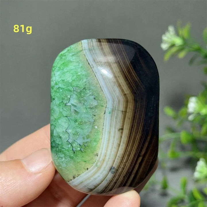 81g natural green agate palm stone with unique banded patterns, perfect for reiki healing, meditation, and home decor.
