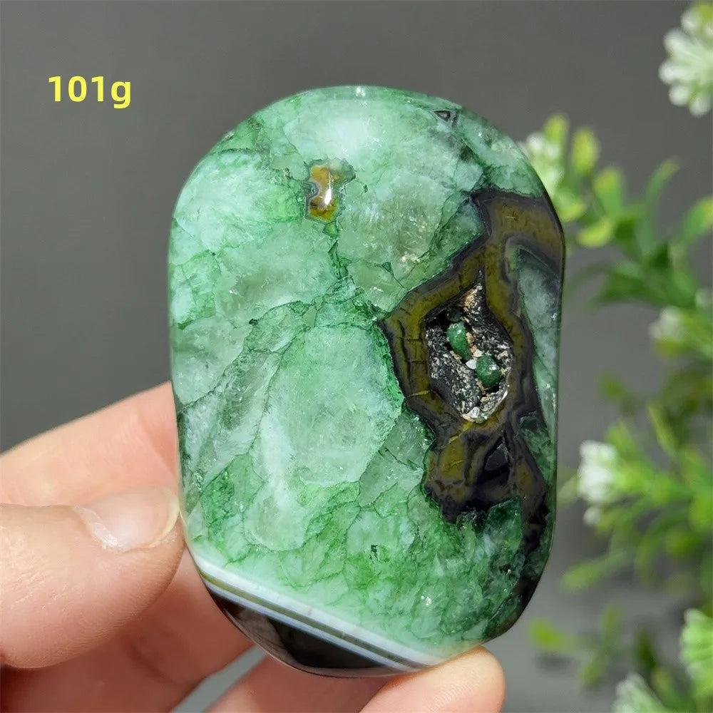 101g polished natural green agate palm stone with unique crystal druzy, perfect for reiki healing and meditation decor.