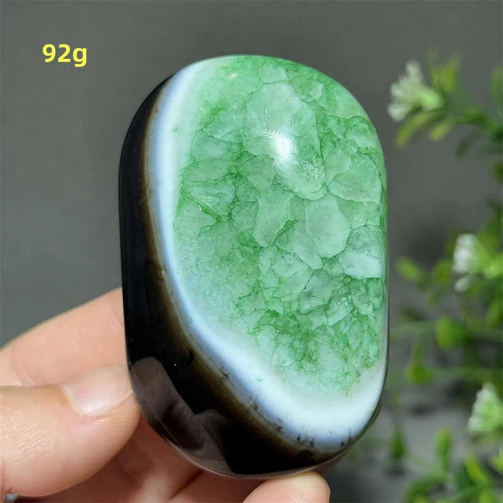 92g natural green agate palm stone with vibrant crystalline textures, perfect for reiki healing and spiritual meditation.