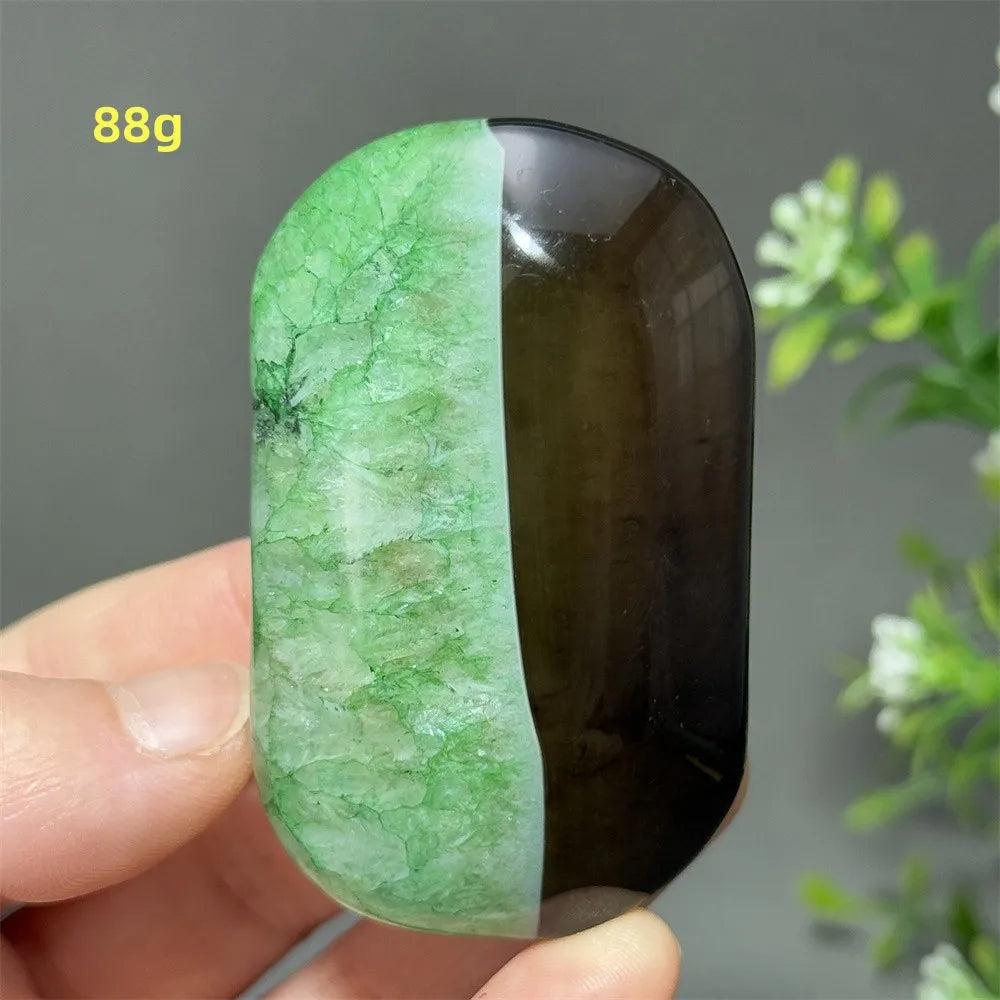 88g natural green agate palm stone with a polished two-tone design, perfect for reiki, meditation, and spiritual healing.