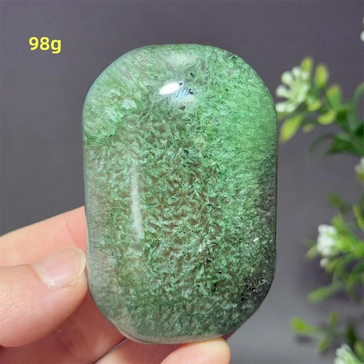 Polished 98g natural green agate palm stone, perfect for reiki healing, meditation, and spiritual home decor.