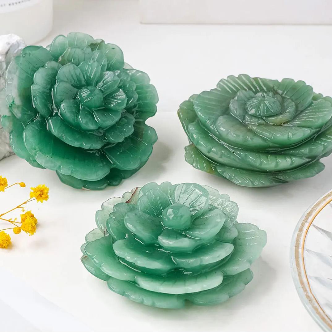 Hand-carved Green Aventurine peony flowers, luminous green crystal statues for abundance, growth, and heart healing.