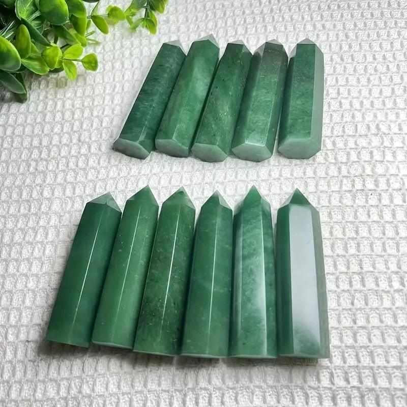 Polished Green Aventurine Crystal Tower wands for abundance, growth, and heart-centered healing.