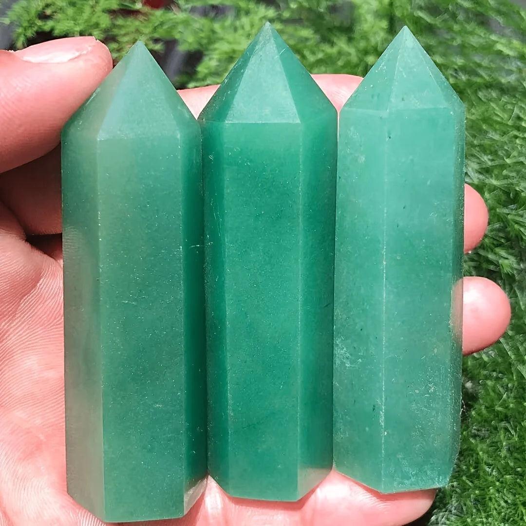 Three polished Green Aventurine Crystal Towers for heart chakra healing and abundance.