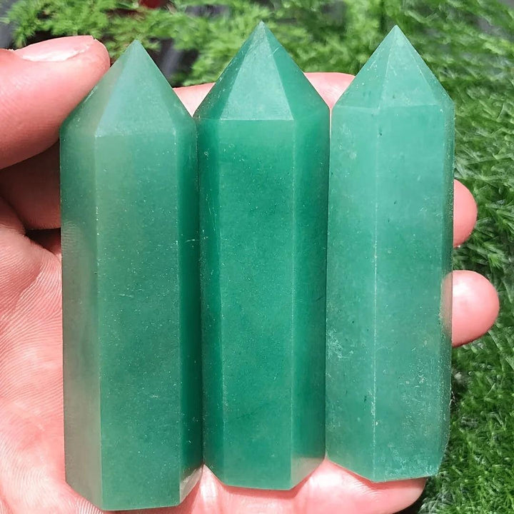 Three polished Green Aventurine Crystal Towers for heart chakra healing and abundance.