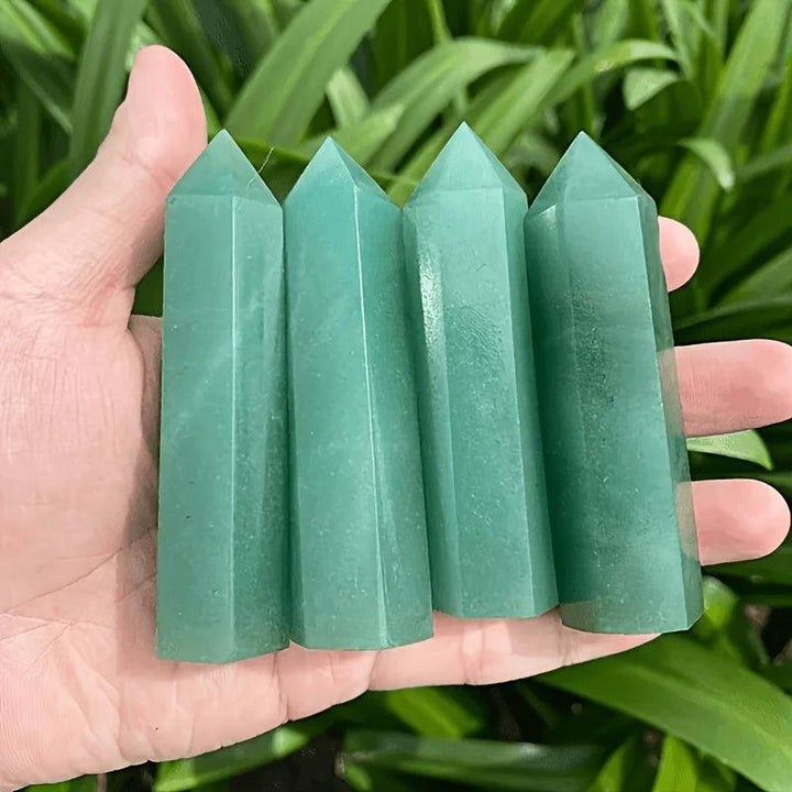 Four polished Green Aventurine Crystal Towers for heart chakra healing and abundance.
