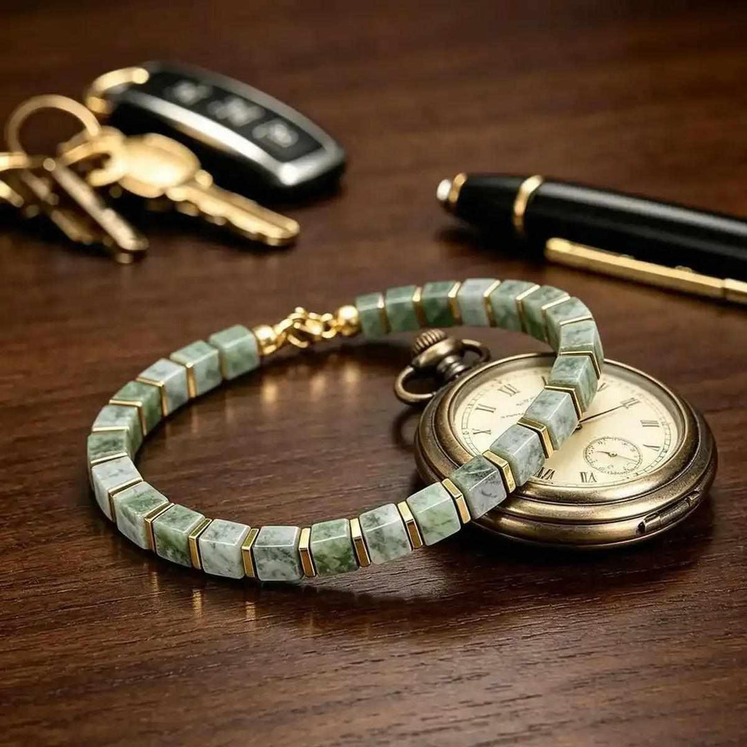 Green Aventurine Square Bead Bracelet with gold-tone spacers, featuring mottled pale green stones for heart chakra balance.