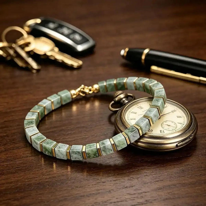 Green Aventurine Square Bead Bracelet with gold-tone spacers, featuring mottled pale green stones for heart chakra balance.