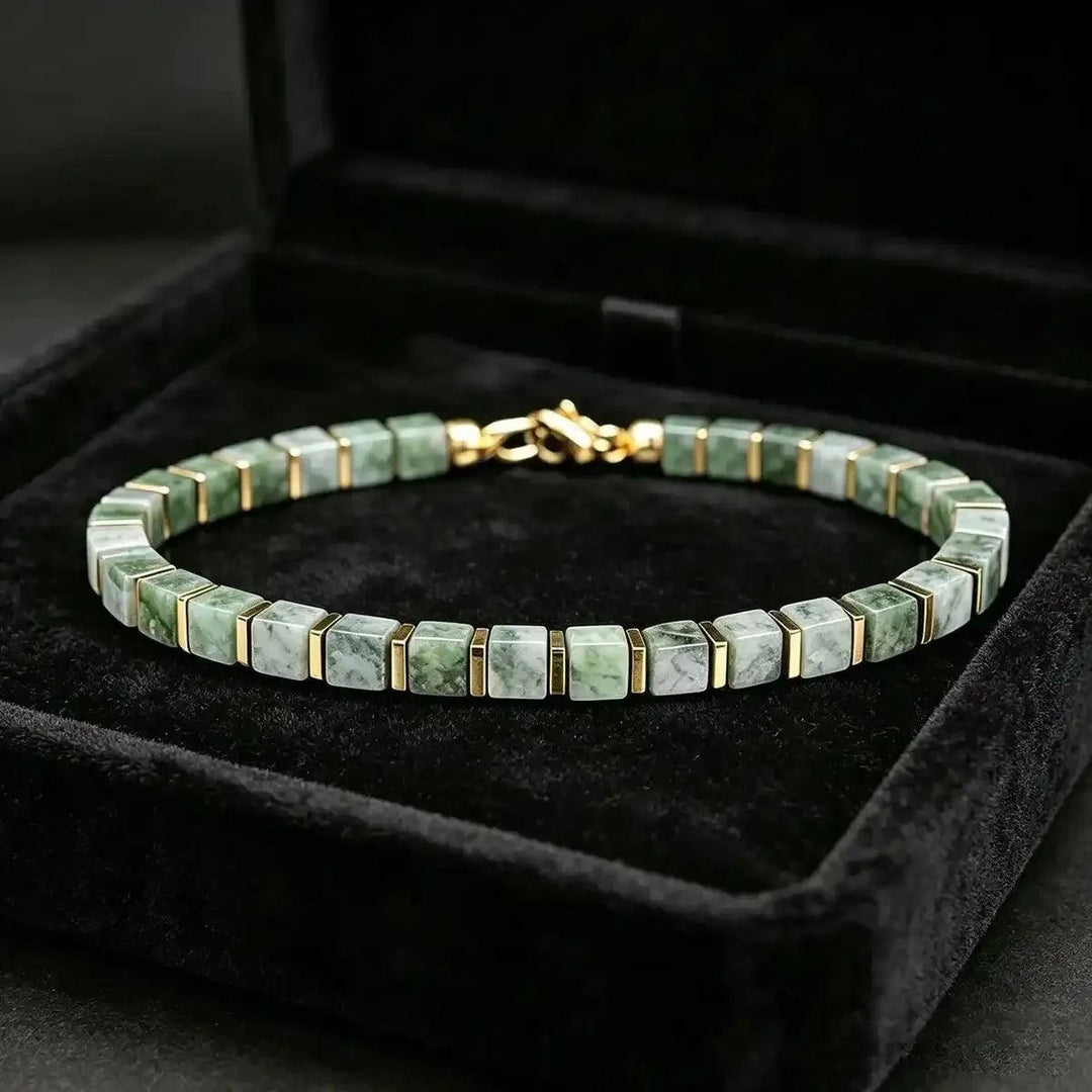 Green Aventurine square bead bracelet with gold-tone spacers, promoting heart chakra balance in a geometric 180mm design.