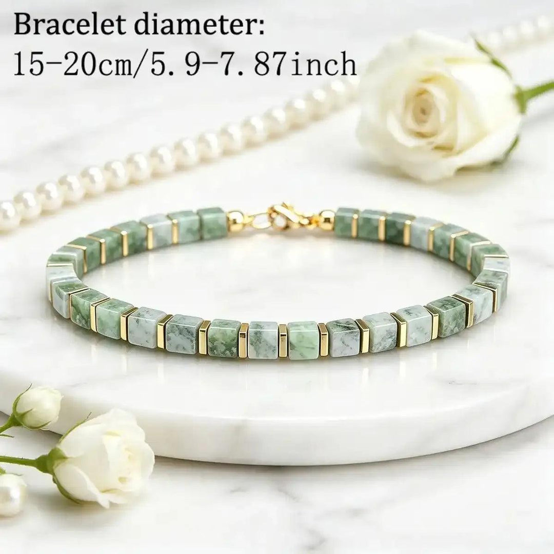 Green Aventurine Square Bead Bracelet with gold-tone spacers, featuring mottled pale green stones for heart chakra energy.