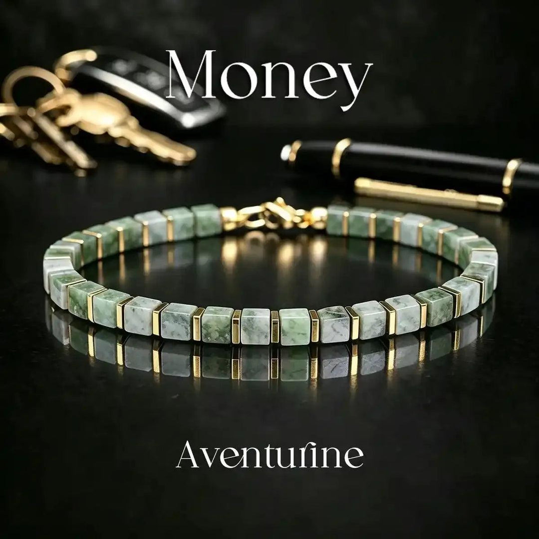 Green Aventurine square bead bracelet featuring mottled pale green stones and gold-tone spacers for heart chakra healing.
