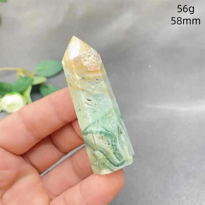Hand-polished Green Calcite tower with soft green banding and natural veils, perfect for Heart chakra healing.