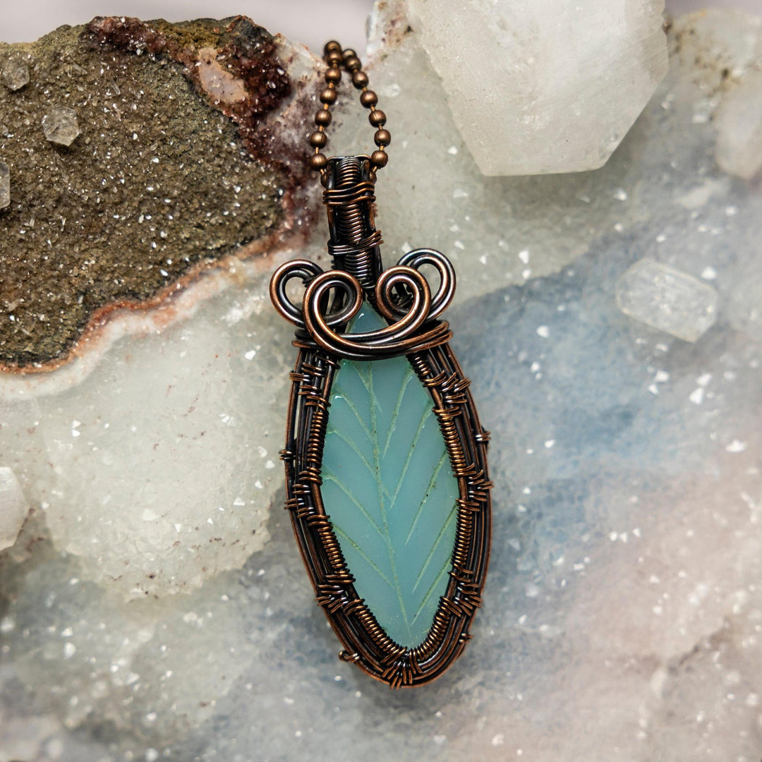 Green Chalcedony Leaf Wire Wrap Pendant: 2.75" copper-wrapped, luminous mint green stone with botanical energy.