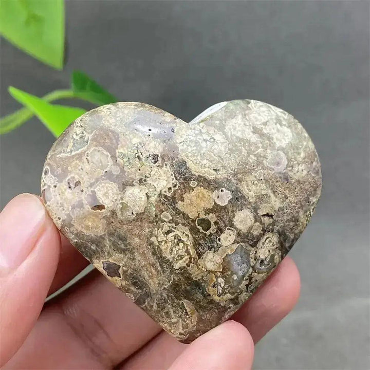 Green Cherry Agate Heart Crystal, a unique, polished heart-shaped stone with soft green and cherry-like inclusions.