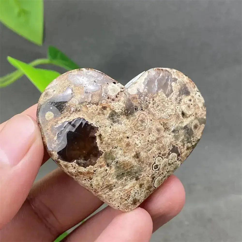 Polished Green Cherry Agate Heart Crystal, showcasing unique brown and cream patterns for emotional balance and harmony.
