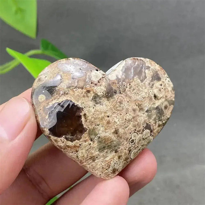 Polished Green Cherry Agate Heart Crystal, showcasing unique brown and cream patterns for emotional balance and harmony.