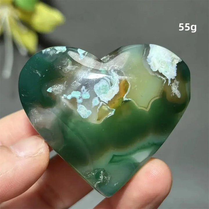 Polished Green Cherry Agate Crystal Heart, 55g, with delicate flower-like plumes for growth and self-love.