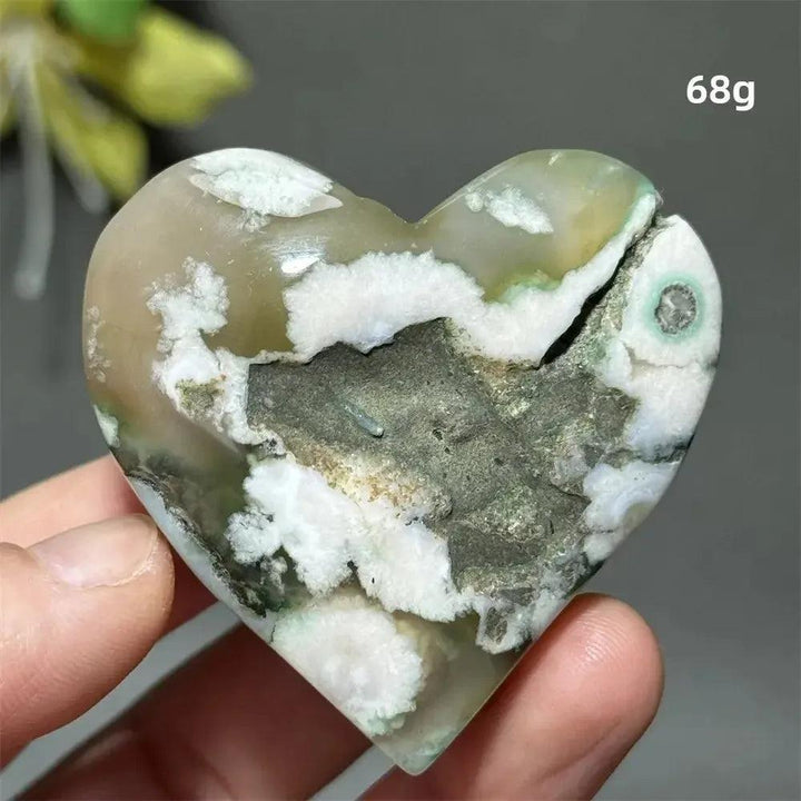 Polished Green Cherry Agate Crystal Heart, 68g, with unique flower-like plumes and nurturing energy for growth.