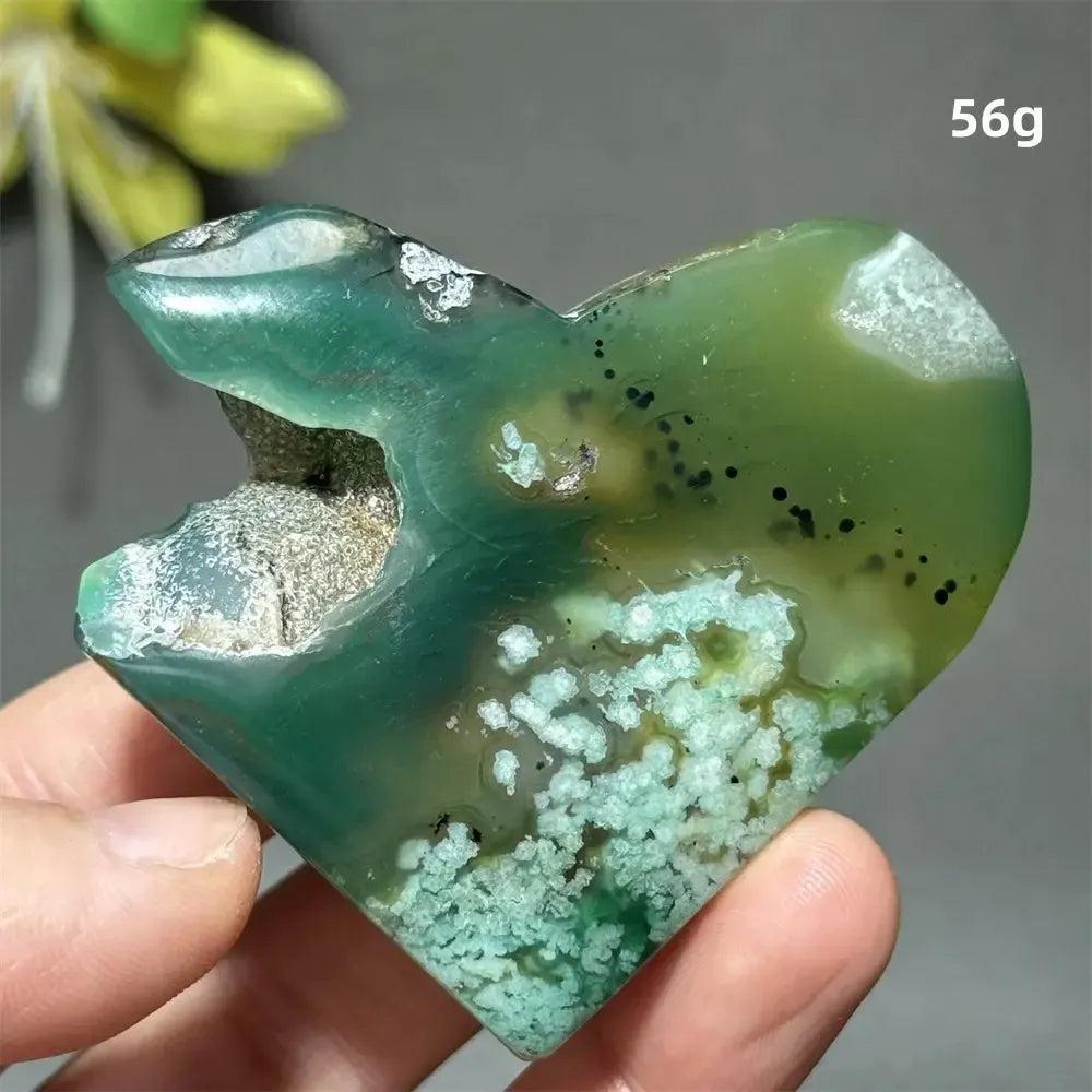 Green Cherry Agate Crystal Heart, 56g, with flower-like plumes and cherry blossom patterns, promoting growth and self-love.