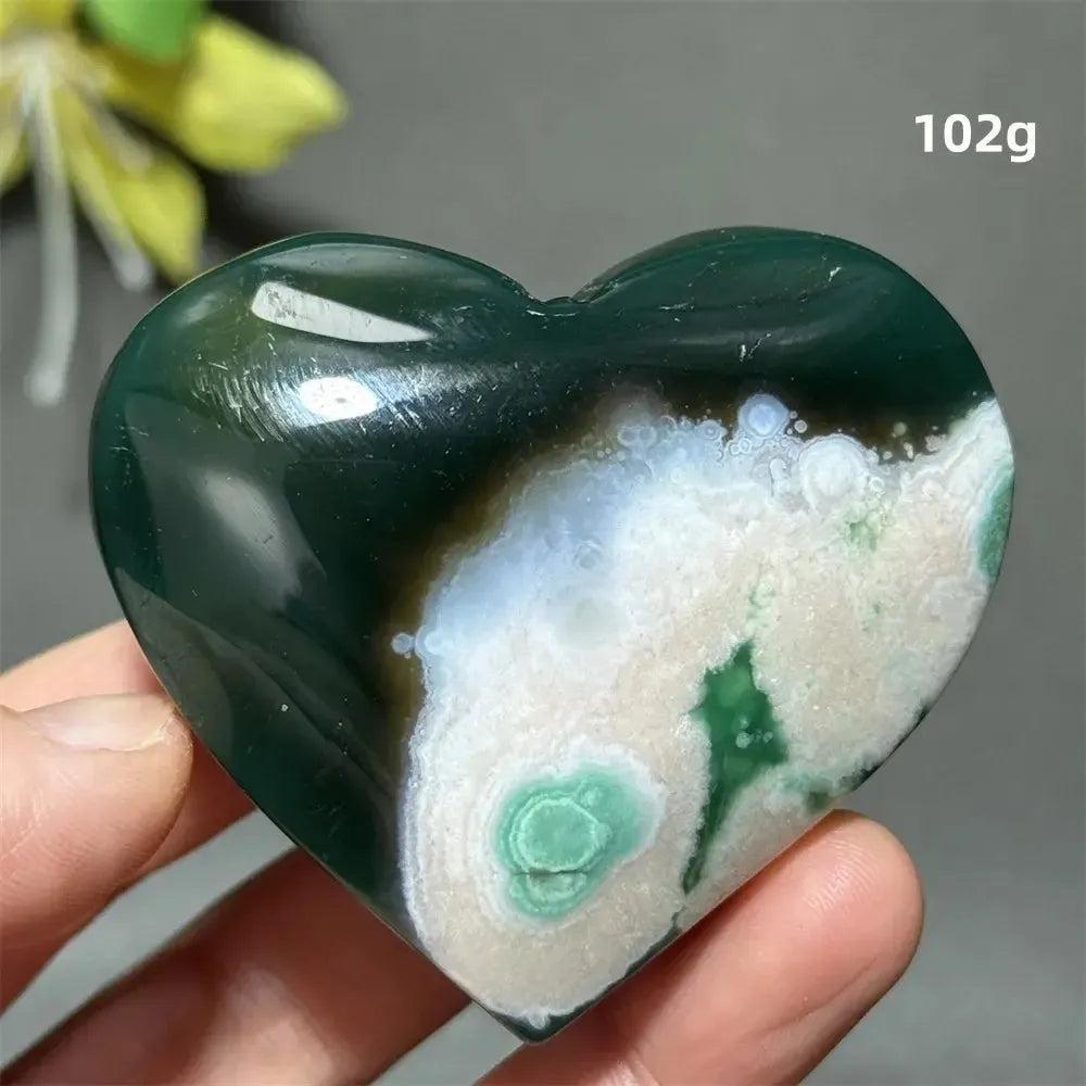 Green Cherry Agate Crystal Heart: Polished, deep green and white agate heart with flower-like patterns, 102g.