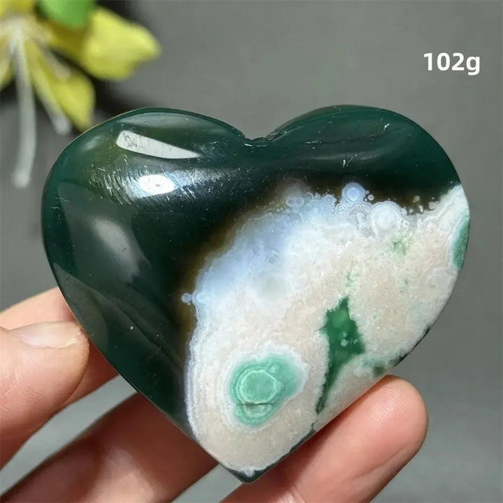 Green Cherry Agate Crystal Heart: Polished, deep green and white agate heart with flower-like patterns, 102g.