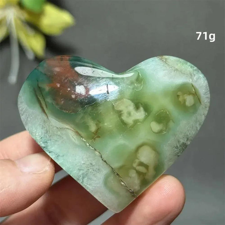 Polished Green Cherry Agate Crystal Heart, 71g, with delicate flower-like plumes for growth and self-love.