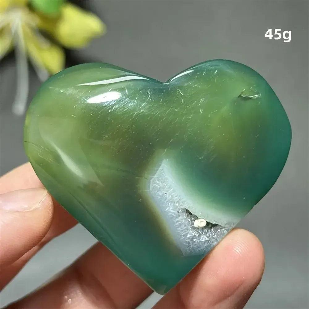 Polished Green Cherry Agate Crystal Heart, 45g, showcasing delicate flower-like plumes for growth and self-love.