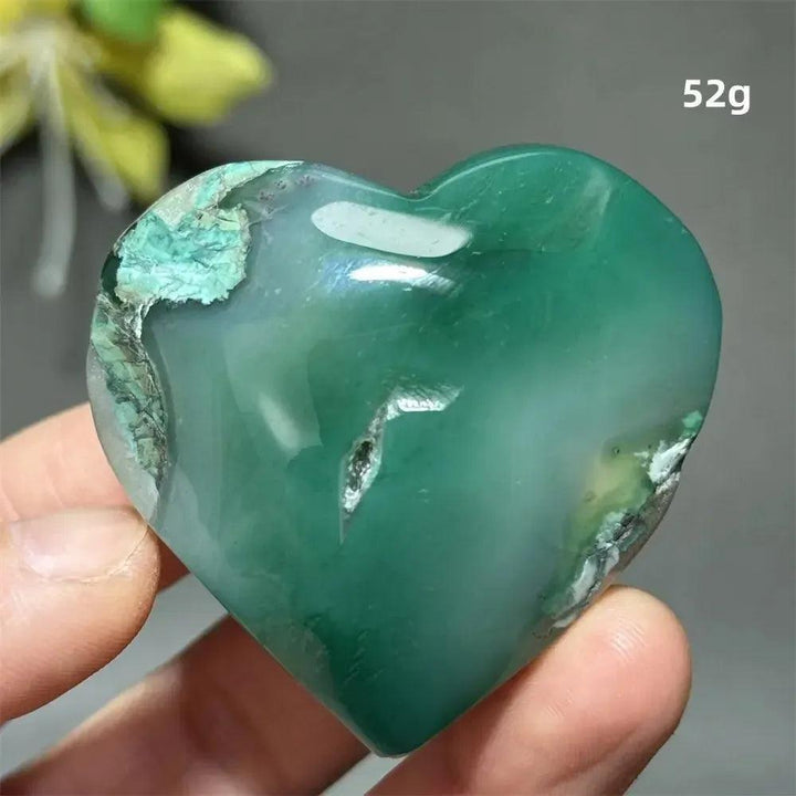 Green Cherry Agate Crystal Heart, 52g, showcasing delicate flower-like plumes and cherry blossom patterns.