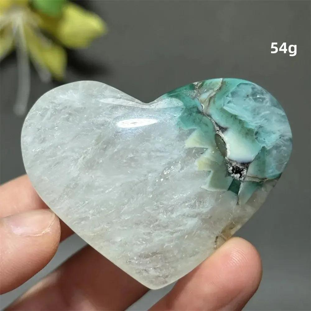 Polished Green Cherry Agate Crystal Heart, 54g, with delicate green hues and flower-like plumes for growth and self-love.