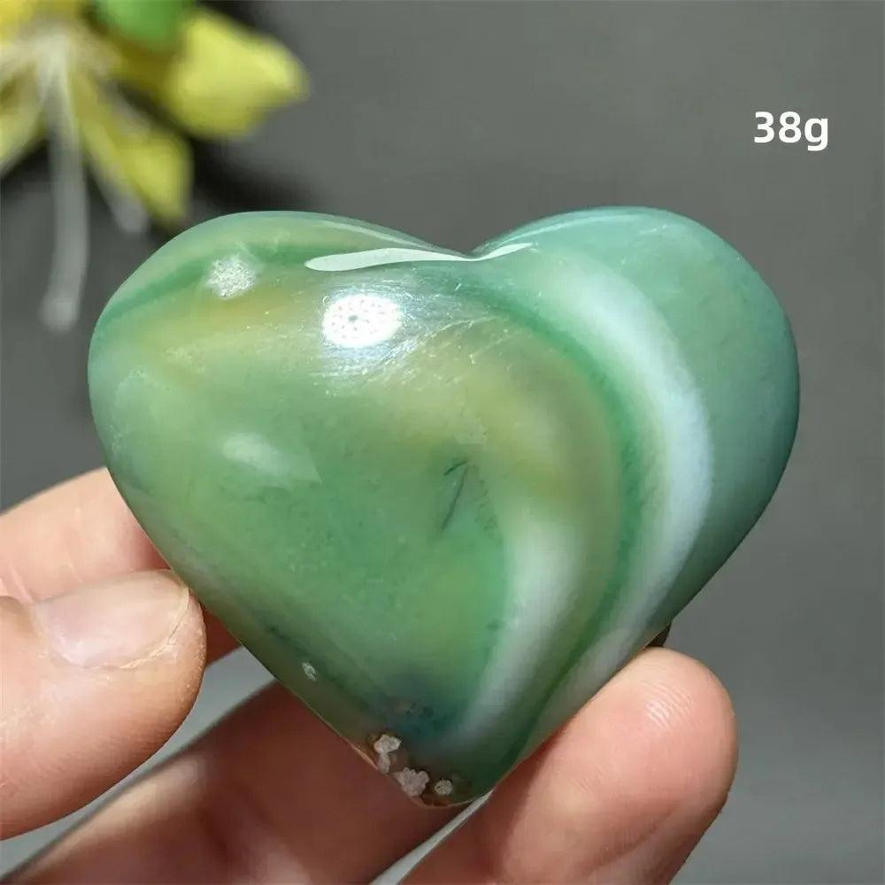 Polished Green Cherry Agate Crystal Heart, 38g, with delicate flower-like plumes for growth and self-love.