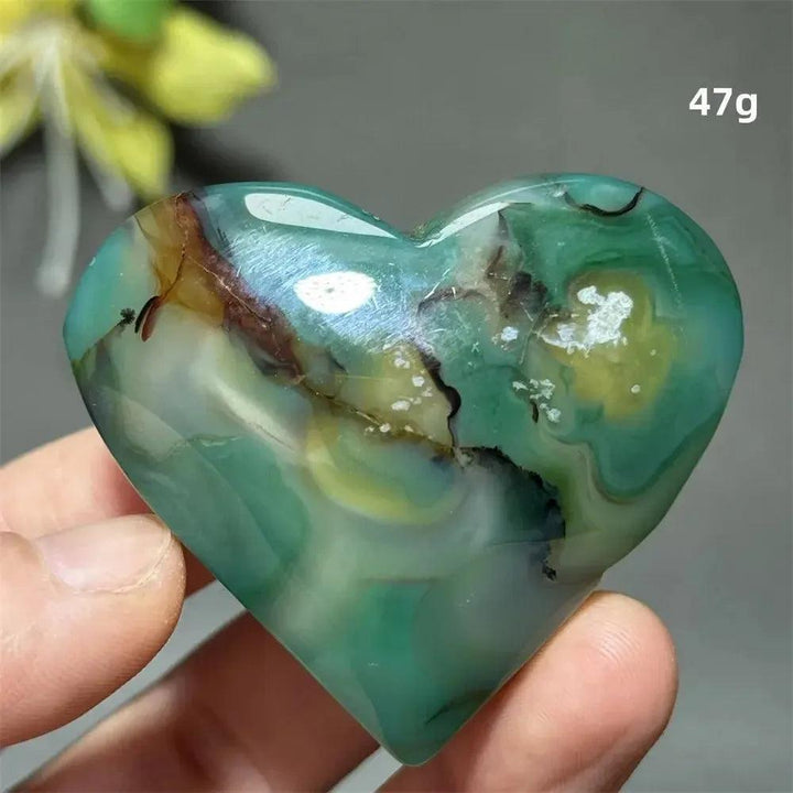 Polished Green Cherry Agate Crystal Heart, 47g, with unique flower-like plumes for growth and self-love.