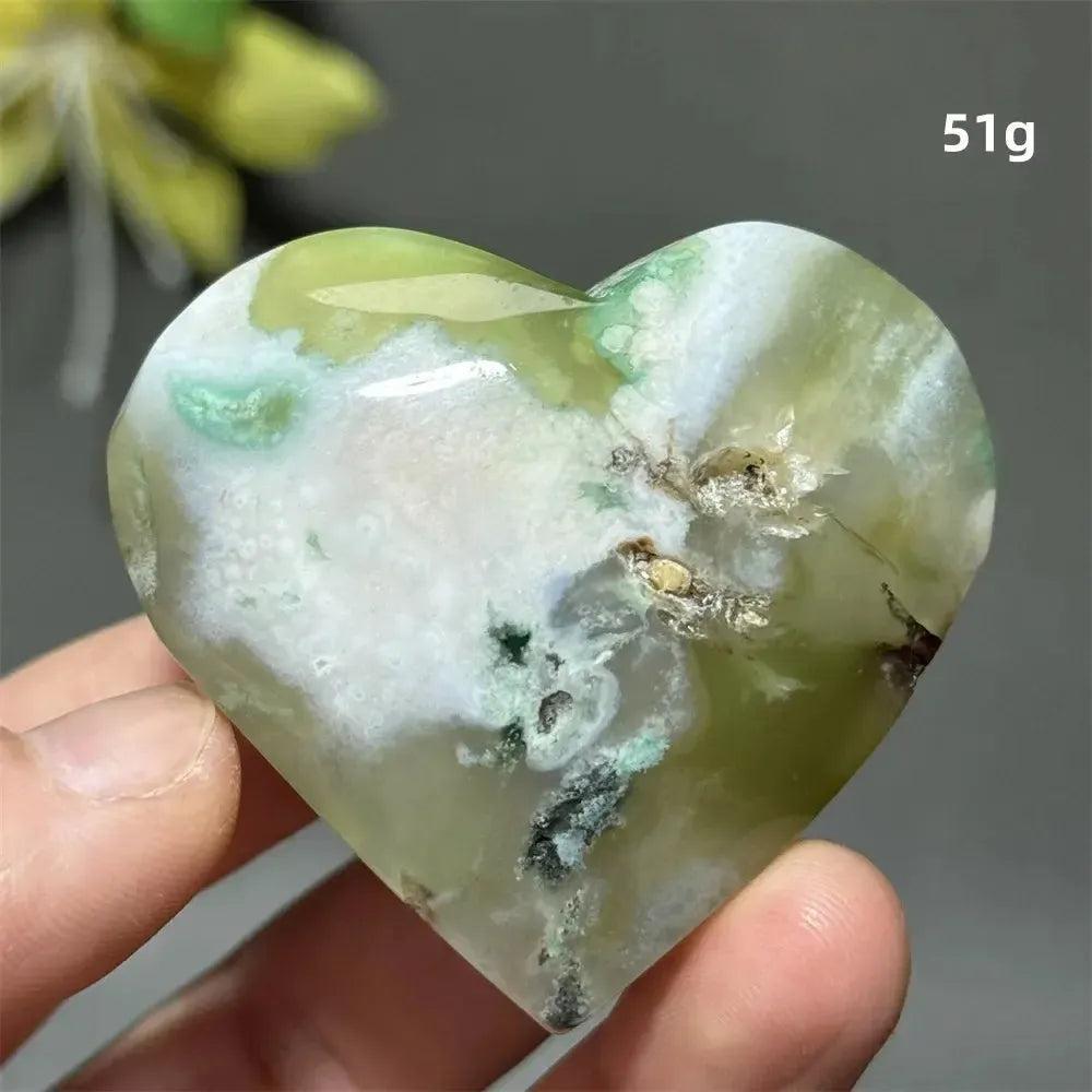 Green Cherry Agate Crystal Heart, 51g, with soft green and white hues, flower-like plumes, and a polished finish.