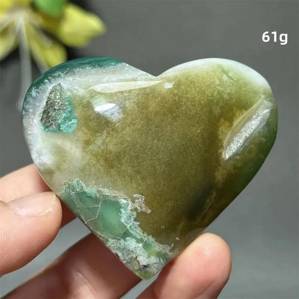 Polished Green Cherry Agate Crystal Heart, 61g, with delicate flower-like plumes for growth and self-love.
