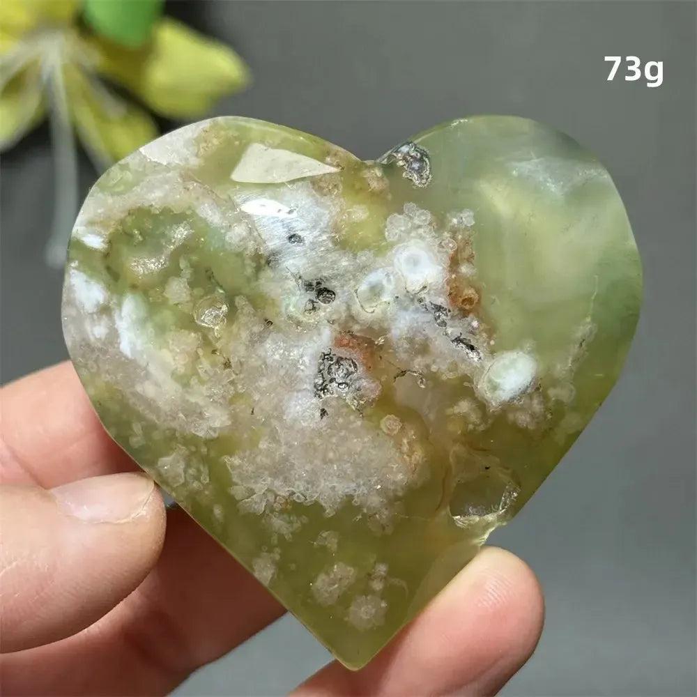 Polished Green Cherry Agate Crystal Heart (73g) with delicate flower-like plumes for growth and self-love.