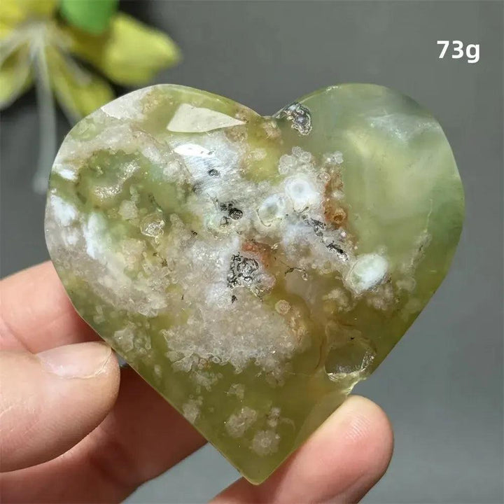 Polished Green Cherry Agate Crystal Heart (73g) with delicate flower-like plumes for growth and self-love.